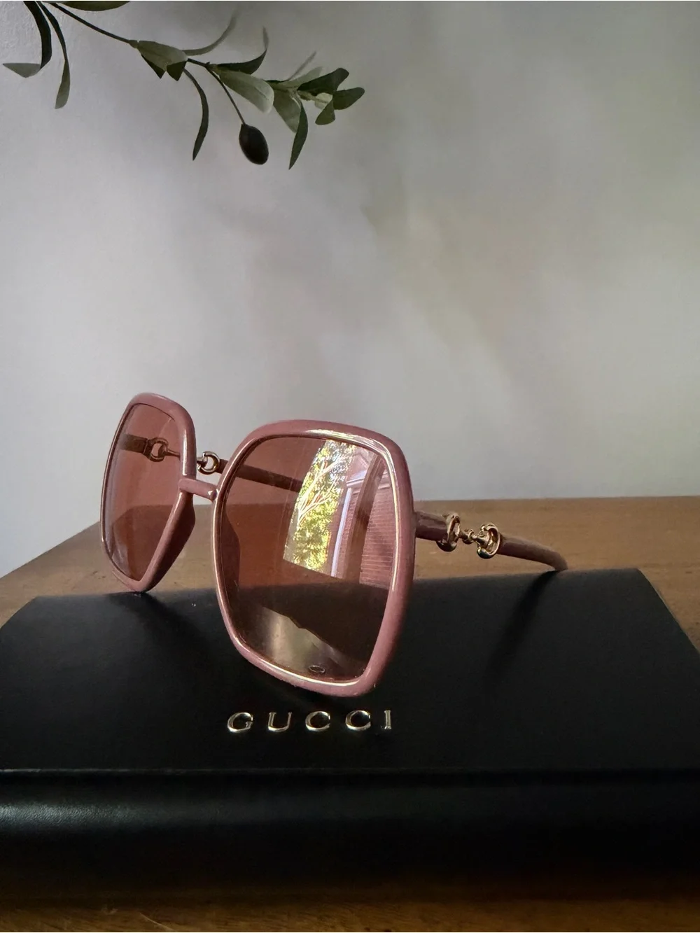 Authentic Pristine Gucci Pink Hexagonal Sunglasses w Case Horsebit Hardware